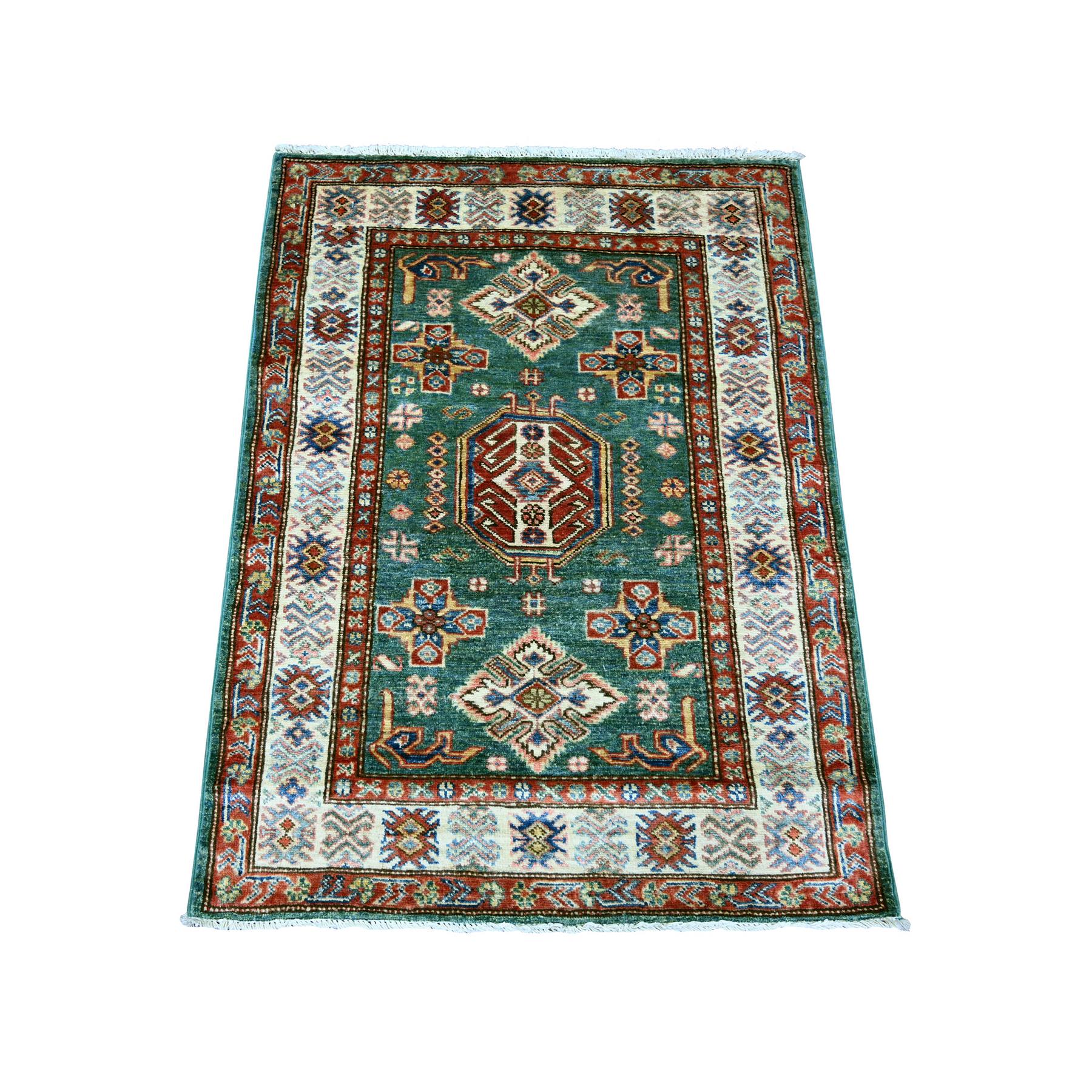 Basil Green, Afghan Super Kazak with Geometric Medallions Design, Hand Knotted, Pure Wool, Vegetable Dyes, Sample, Mat, Oriental Rug